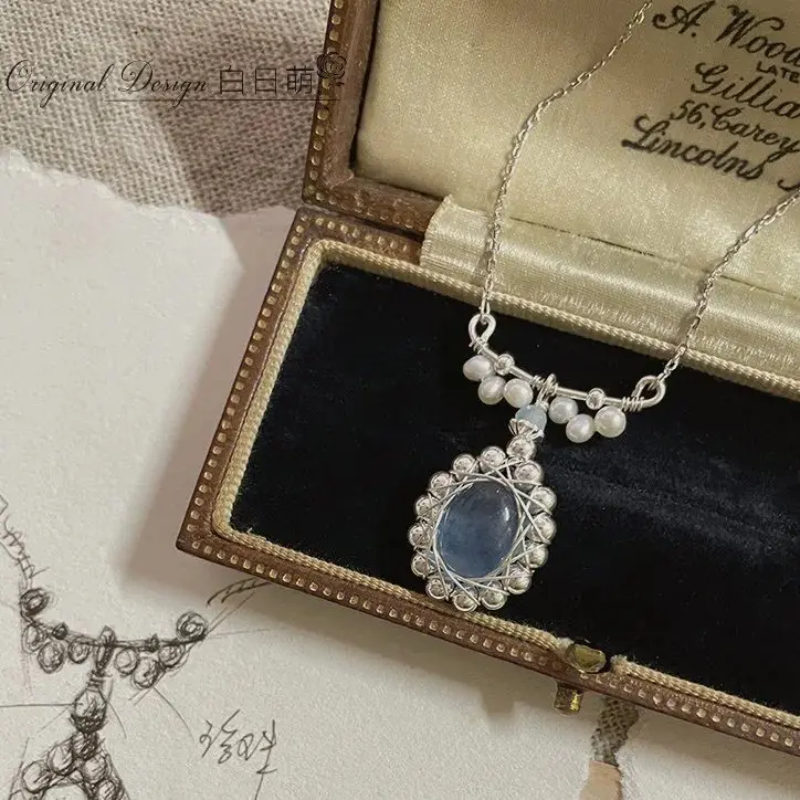 "Afternoon Flower" original vintage gift: aquamarine pearl necklace, light luxury niche sterling silver collarbone chain, sweater chain